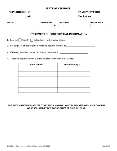 Form 400-00849 Statement of Confidential Information - Vermont