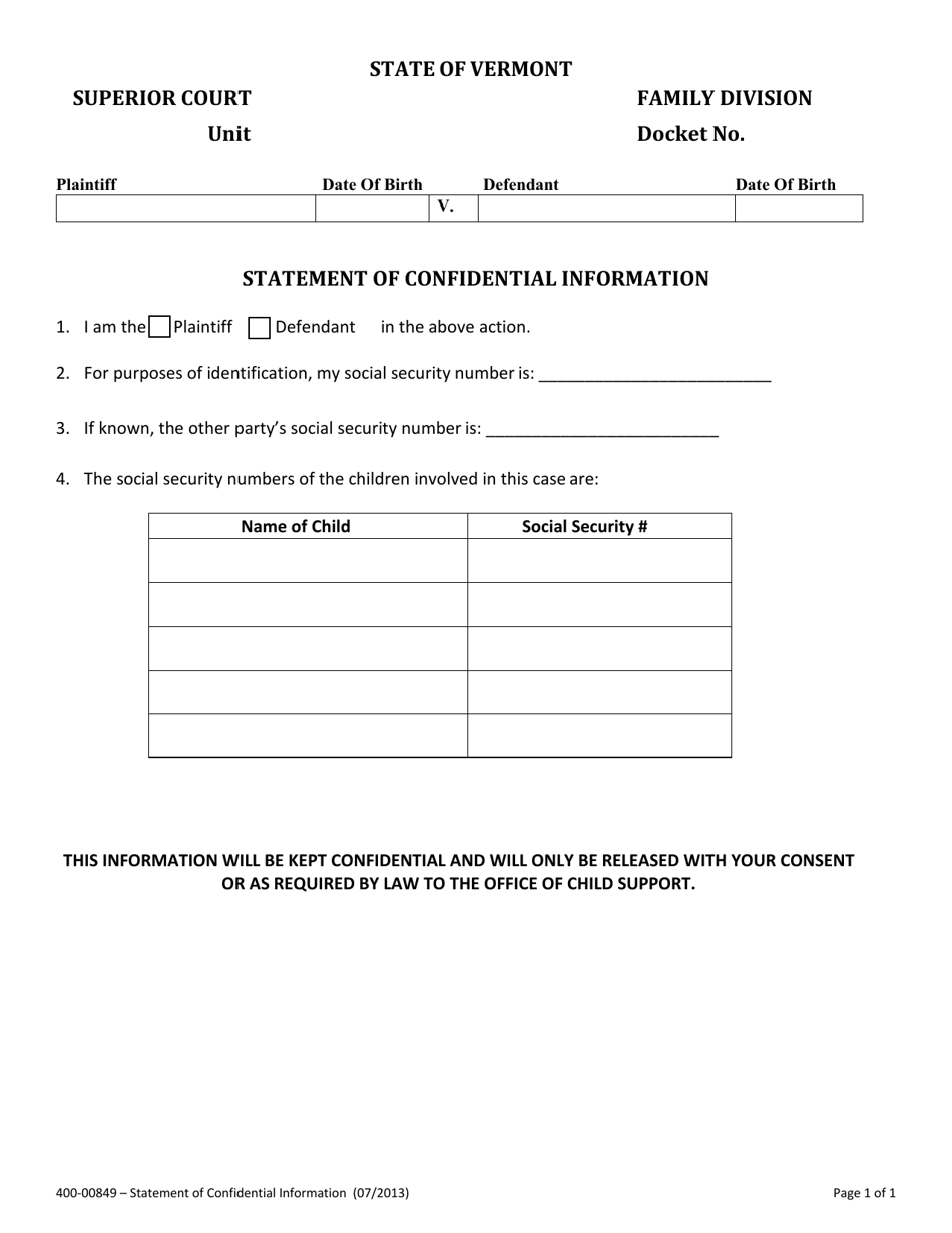 Form 400-00849 Statement of Confidential Information - Vermont, Page 1