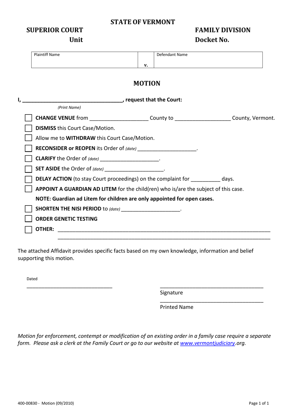 Form 400-00830 Miscellaneous Motion Form - Vermont, Page 1