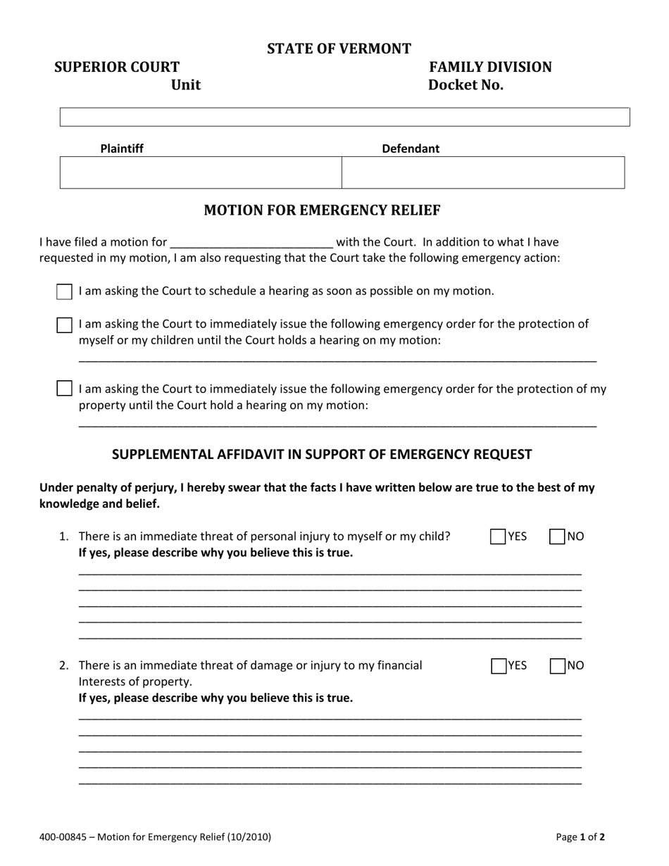 Form 400-00845 Motion for Emergency Relief - Vermont, Page 1
