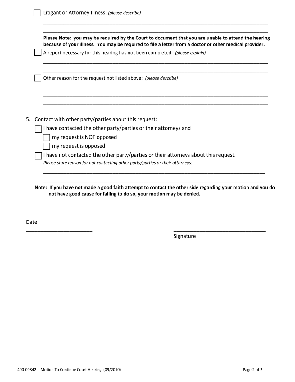 Form 400-00842 Motion to Continue Court Hearing - Family - Vermont, Page 2