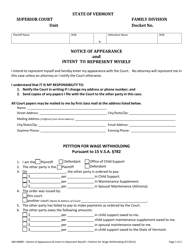 Document preview: Form 400-00809 Notice of Appearance and Intent to Represent Myself; Petition for Wage Withholding - Vermont