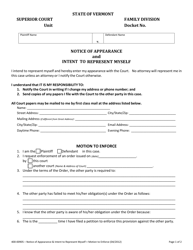 Document preview: Form 400-00905 Notice of Appearance and Intent to Represent Myself; Motion to Enforce - Vermont