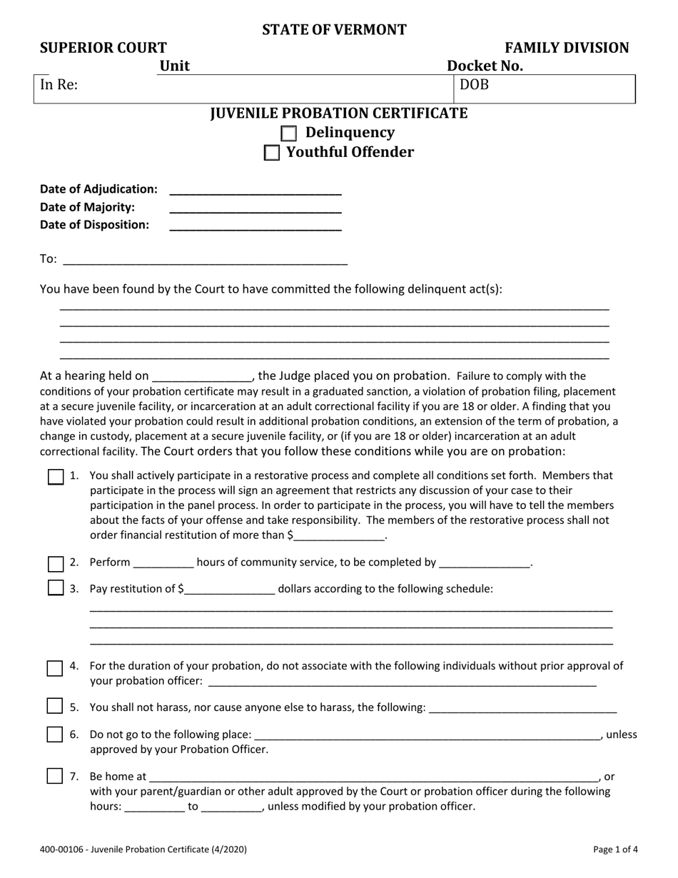 Form 400-00106 Juvenile Probation Certificate - Vermont, Page 1