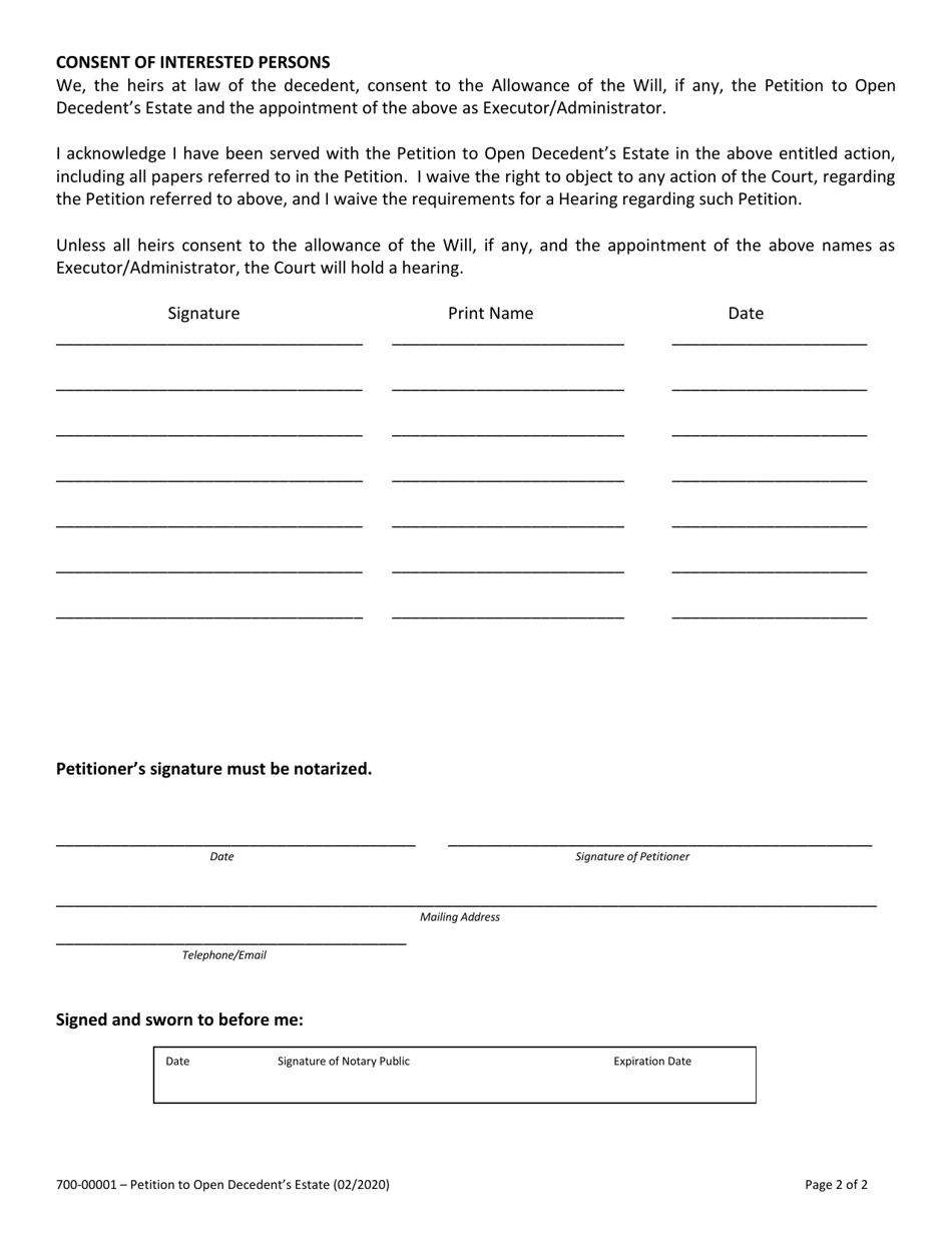 Form 700-00001 Petition to Open Decedents Estate - Vermont, Page 2