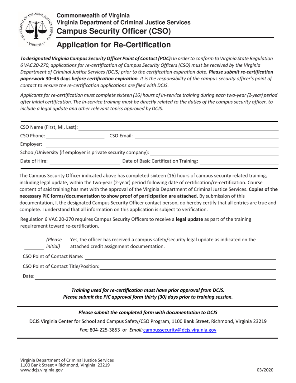 Campus Security Officer (Cso) Application for Re-certification - Virginia, Page 1
