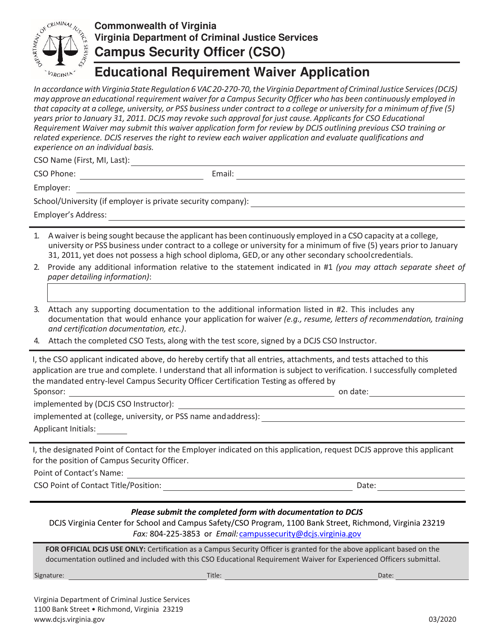 Campus Security Officer (Cso) Educational Requirement Waiver Application - Virginia Download Pdf