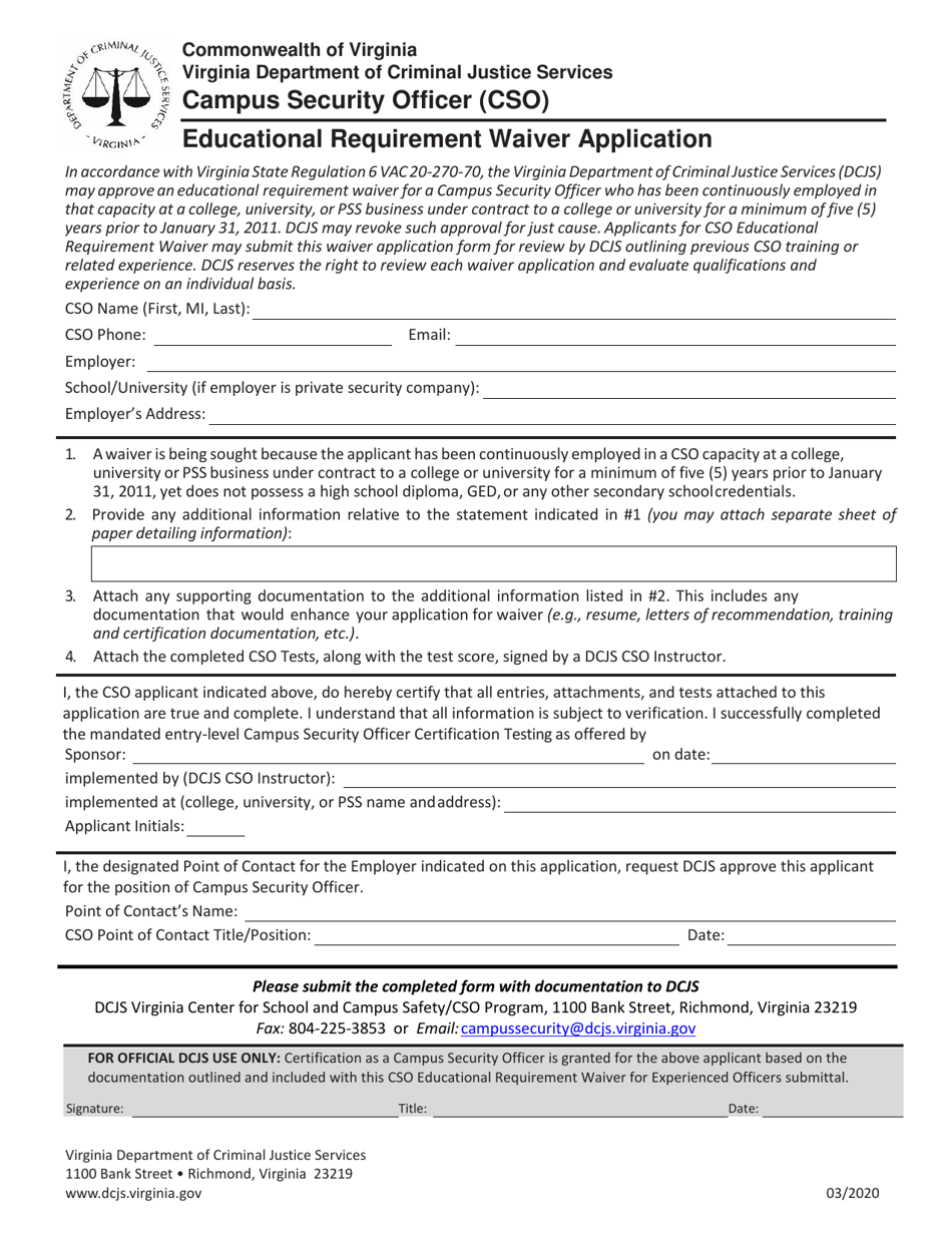 Campus Security Officer (Cso) Educational Requirement Waiver Application - Virginia, Page 1