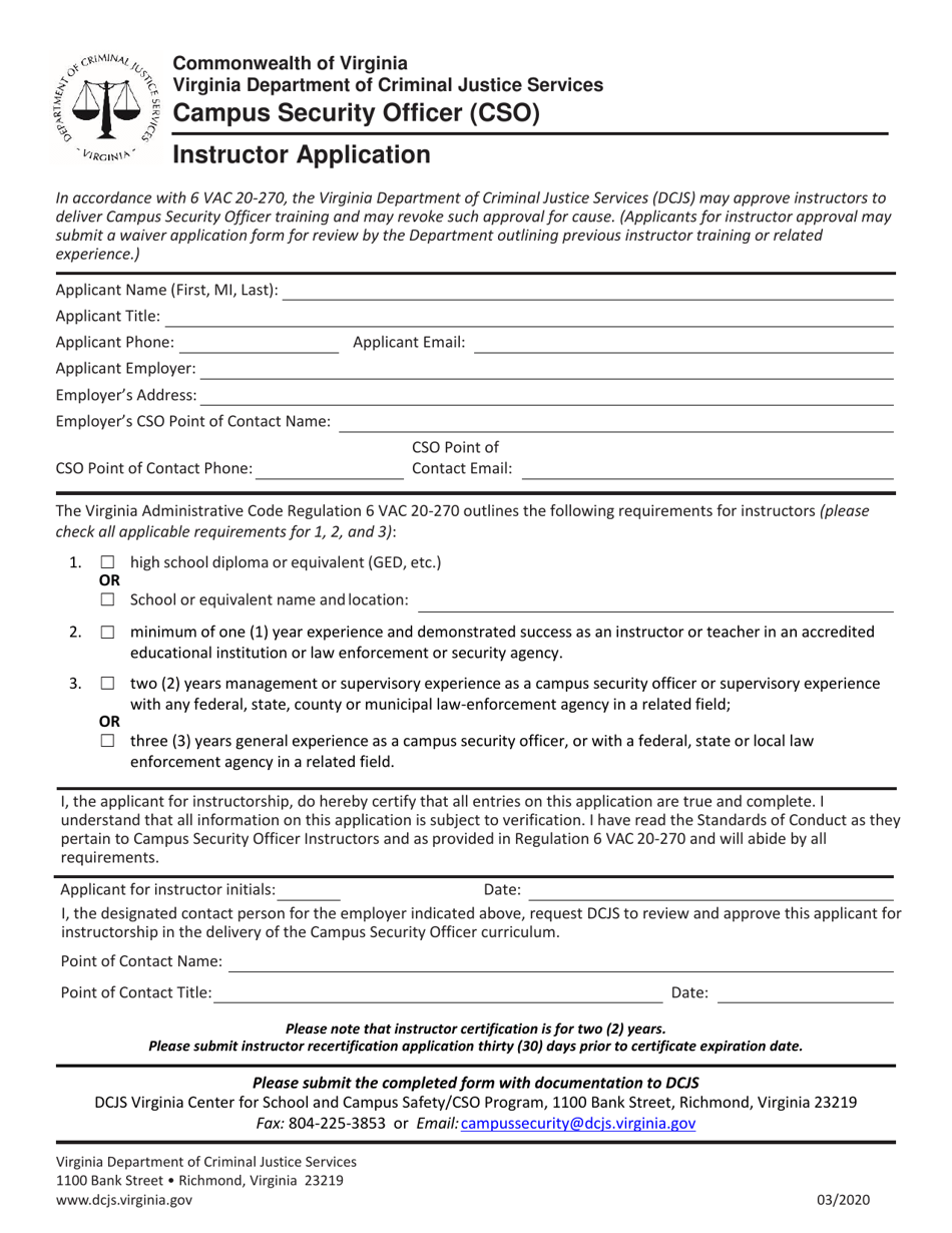Campus Security Officer (Cso) Instructor Application - Virginia, Page 1