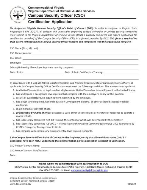 Campus Security Officer (Cso) Certification Application - Virginia Download Pdf
