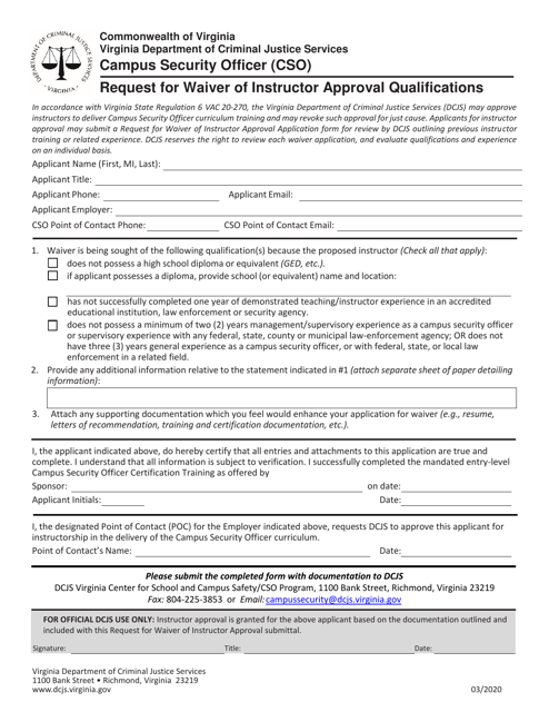 Campus Security Officer (Cso) Request for Waiver of Instructor Approval Qualifications - Virginia Download Pdf