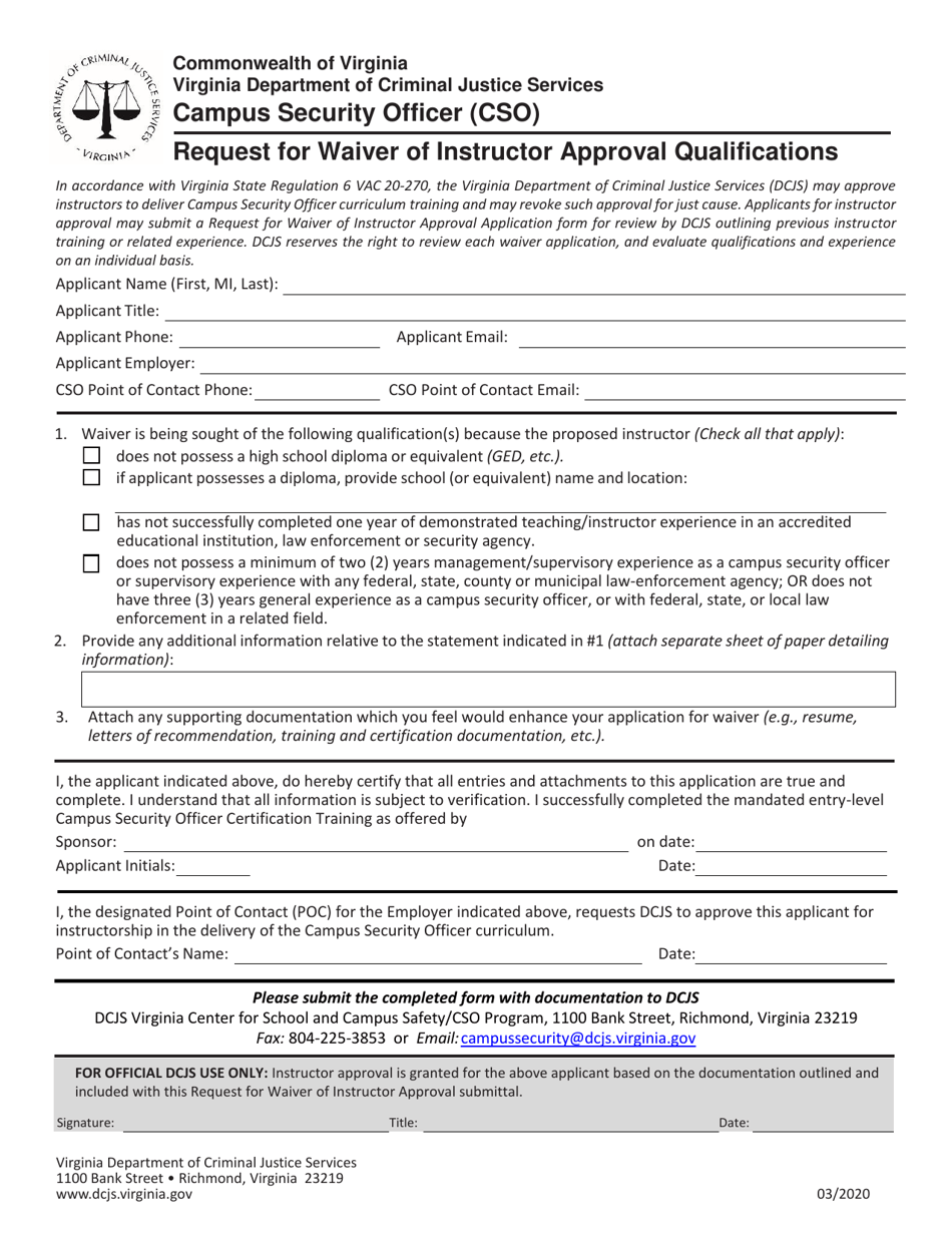 Campus Security Officer (Cso) Request for Waiver of Instructor Approval Qualifications - Virginia, Page 1