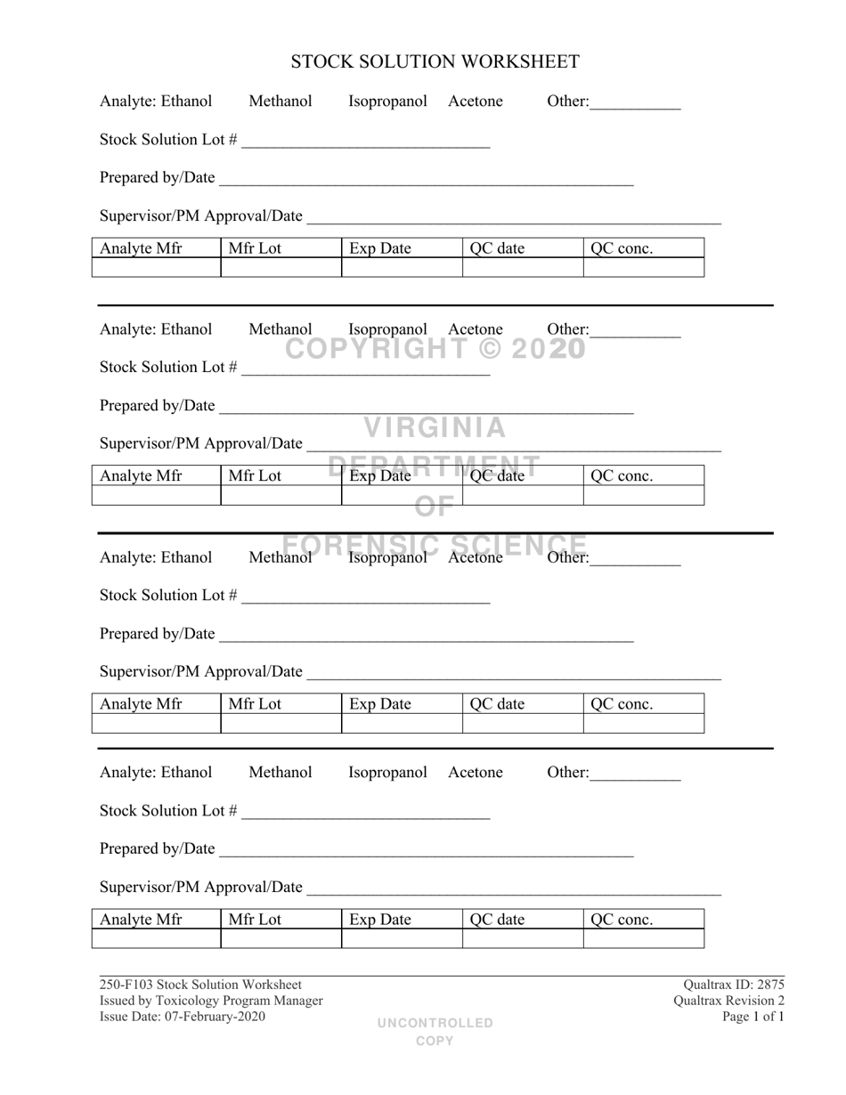 Form 250-F103 Stock Solution Worksheet - Virginia, Page 1