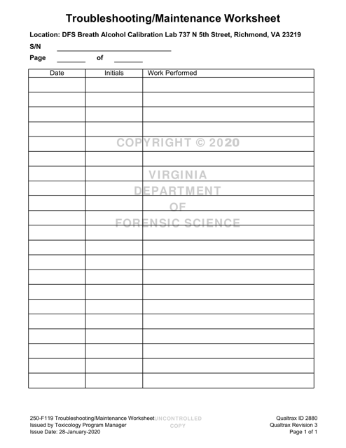 Form 250-F119 Troubleshooting Maintenance Worksheet - Virginia