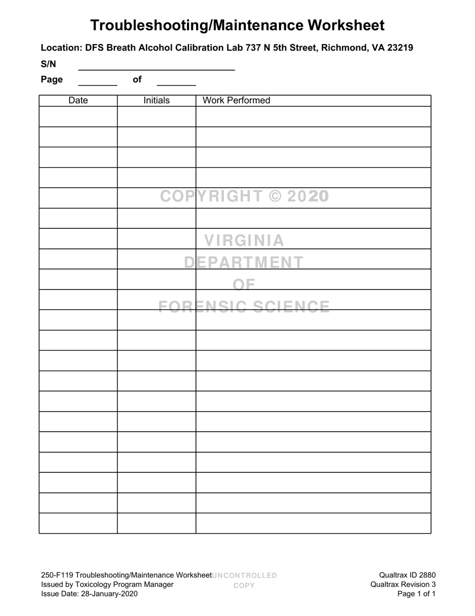 Form 250-F119 Troubleshooting Maintenance Worksheet - Virginia, Page 1
