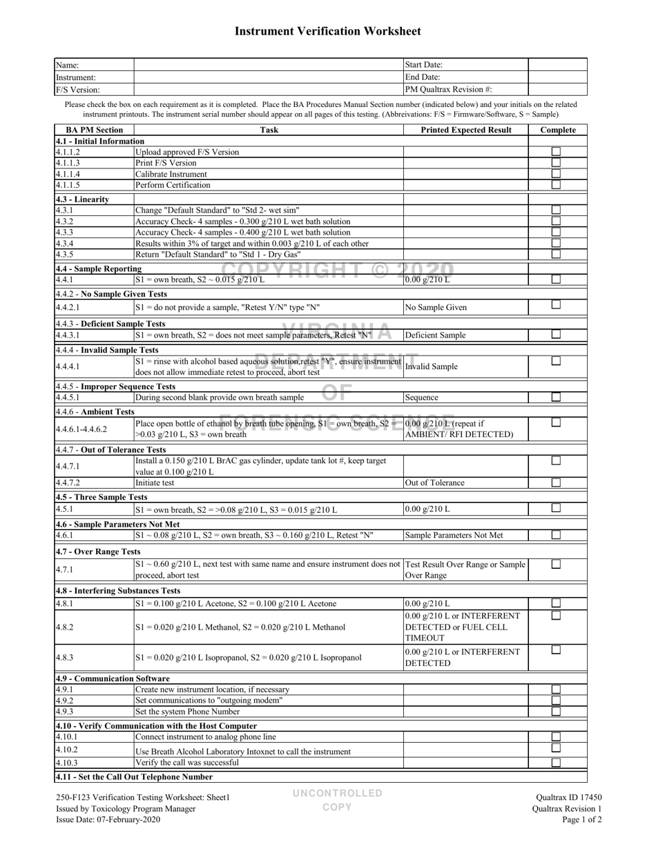 Form 250-F123 Verification Testing Worksheet - Virginia, Page 1