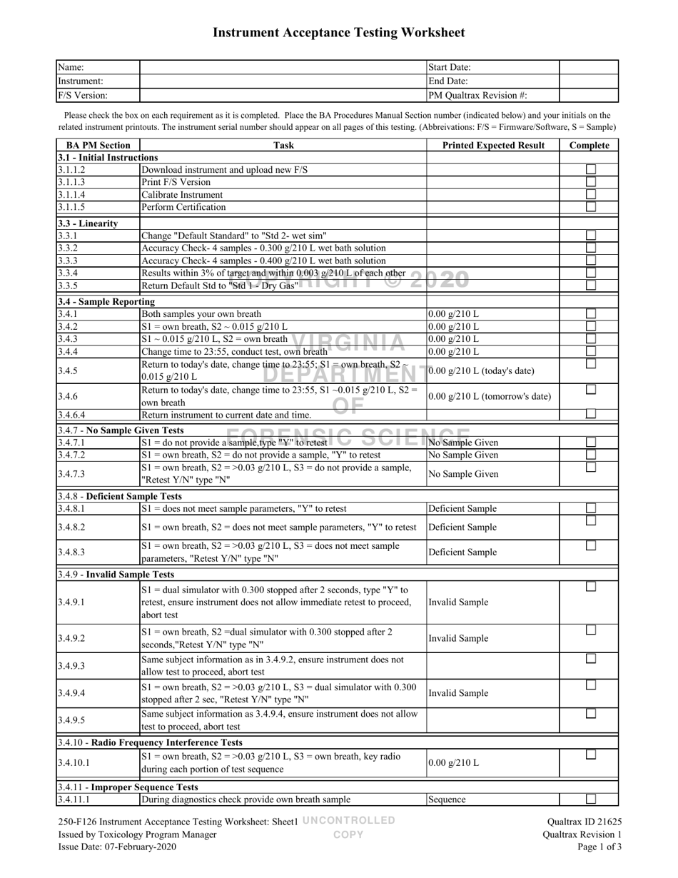 Form 250-F126 Instrument Acceptance Testing Worksheet - Virginia, Page 1