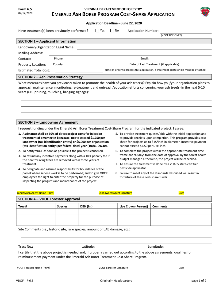 Form 6.5 Emerald Ash Borer Program Cost-Share Application - Virginia, Page 1