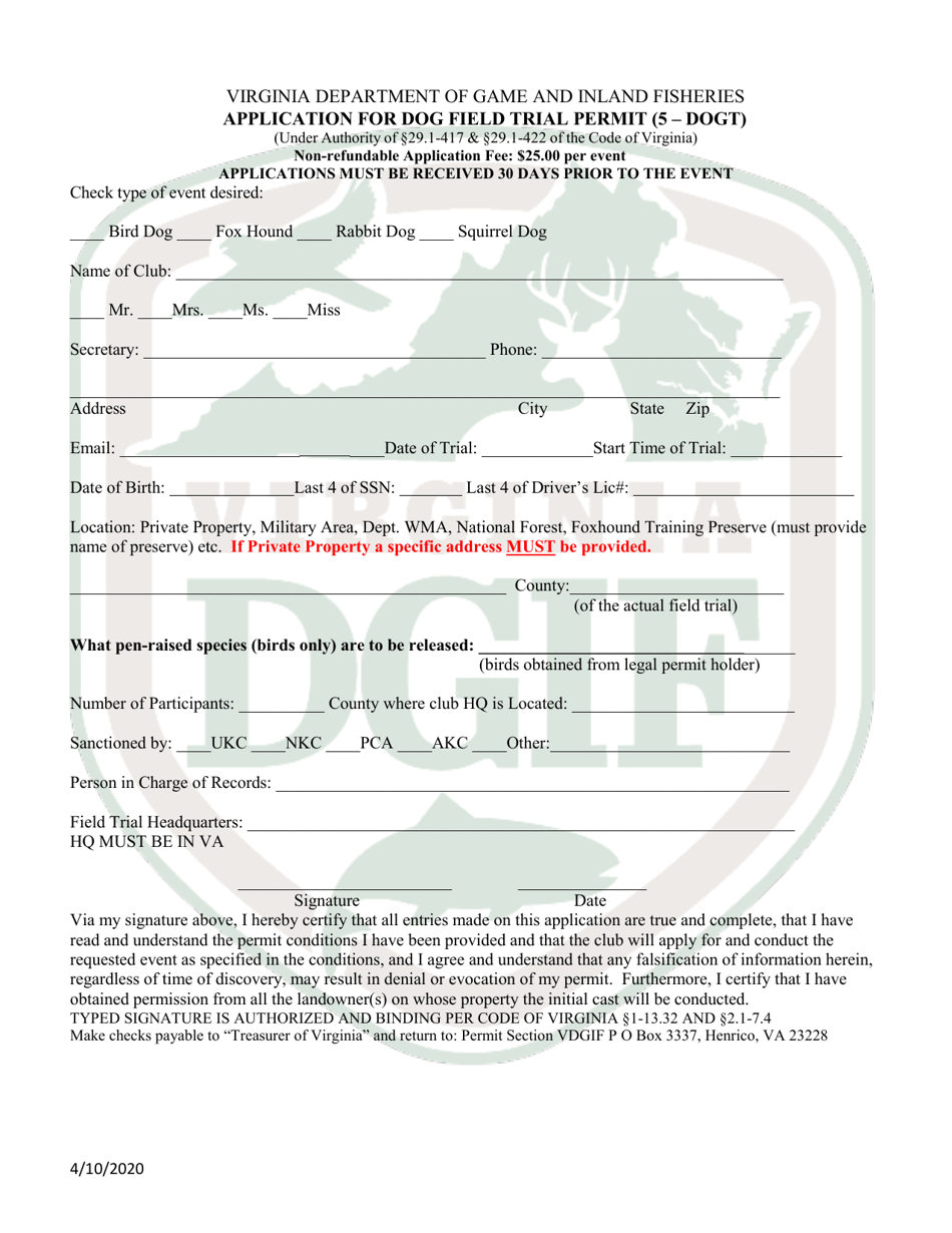Virginia Application for Dog Field Trial Permit Download Fillable PDF