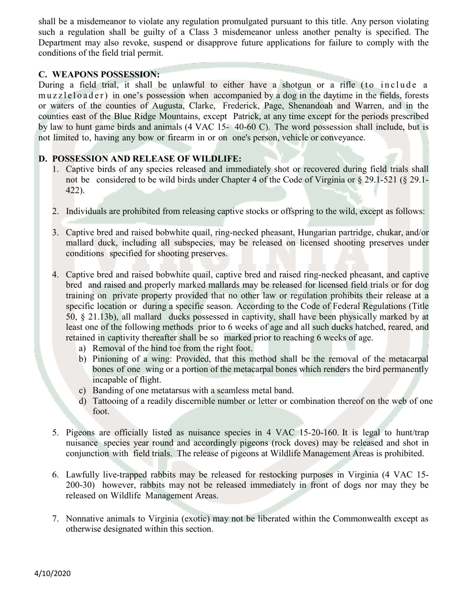 Application for Dog Field Trial Permit - Virginia, Page 3