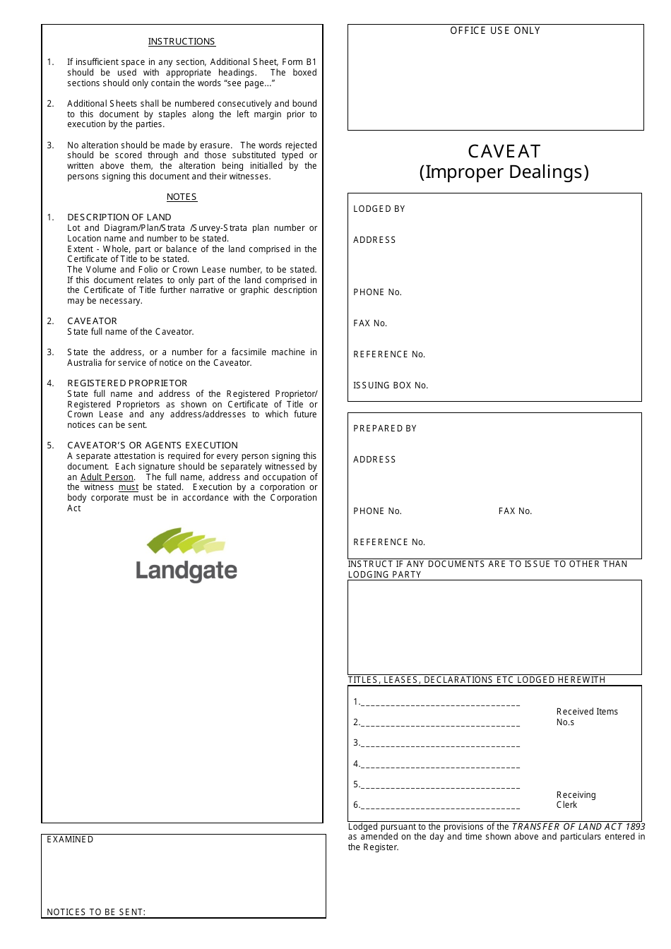Form C4 Caveat (Improper Dealings) - Western Australia, Australia, Page 2