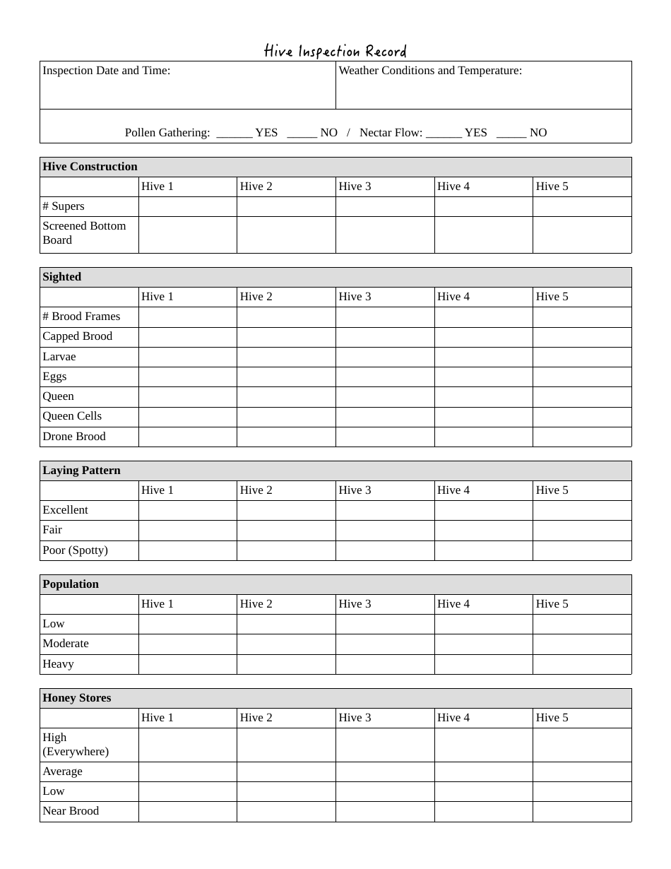 Hive Inspection Record Form, Page 1