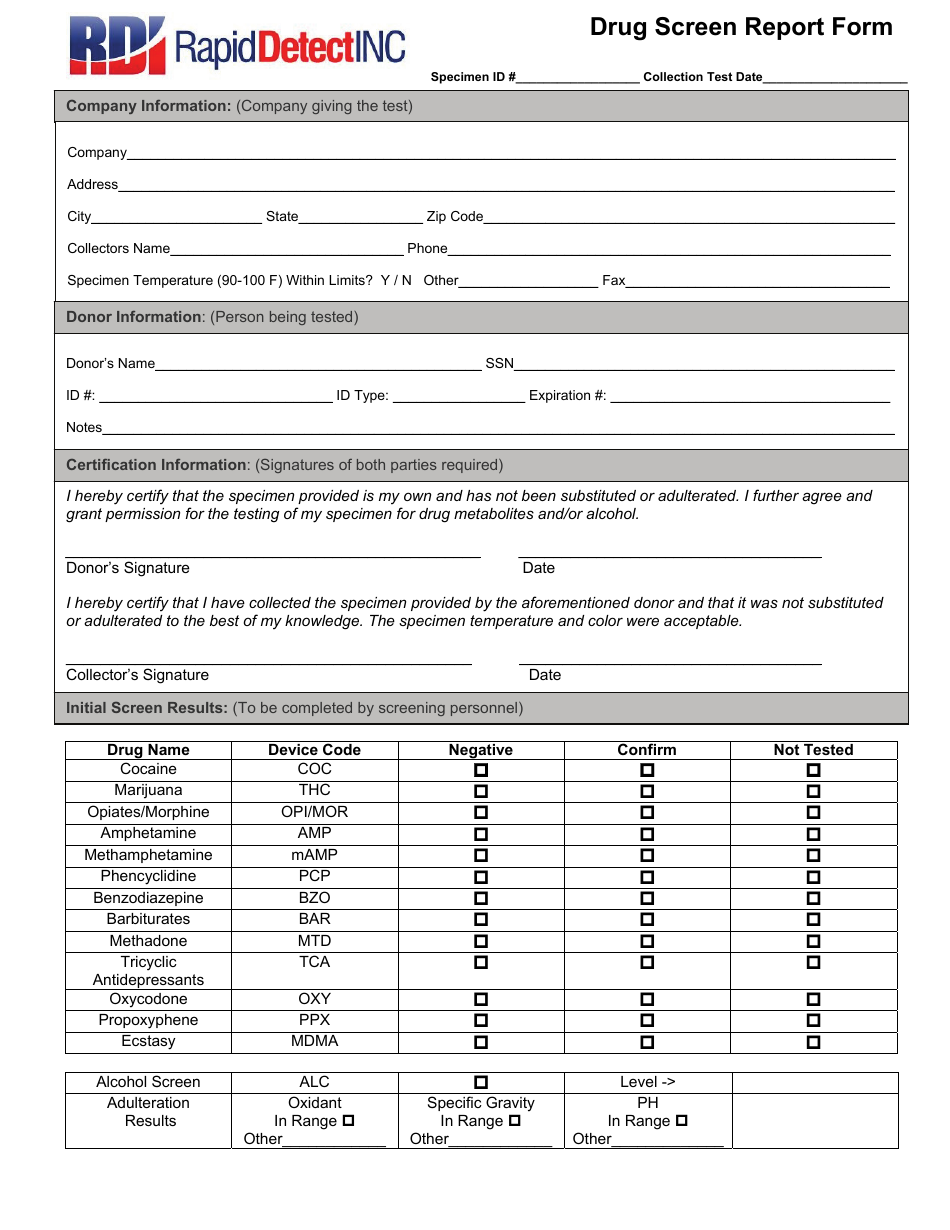 Drug Screen Report Form - Rapiddetectinc - Oklahoma, Page 1