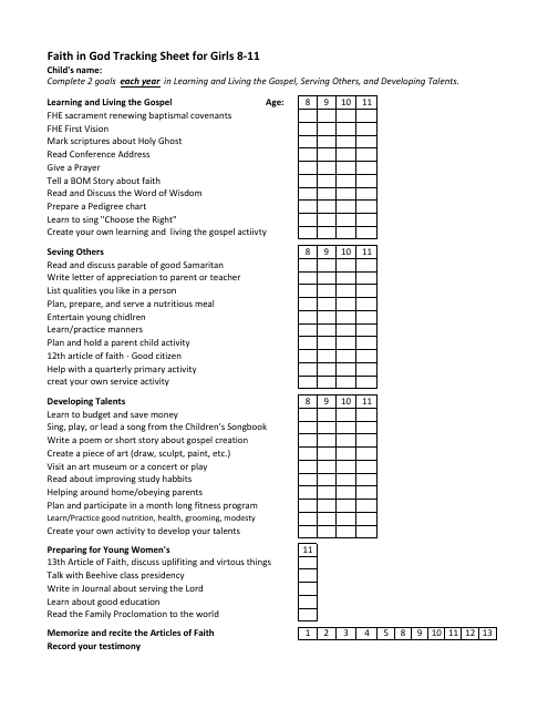 Faith in God Tracking Sheet for Girls 8-11 - Document Preview