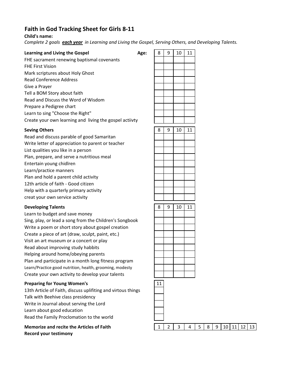 Faith in God Tracking Sheet for Girls 8-11 - Document Preview