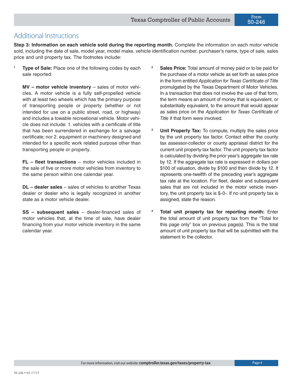 Form 50-246 Dealers Motor Vehicle Inventory Tax Statement - Texas, Page 4