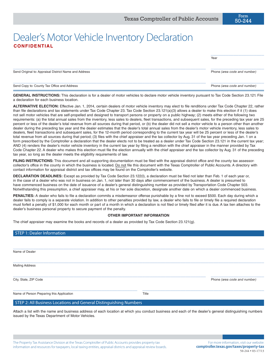 Form 50-244 Dealers Motor Vehicle Inventory Declaration - Texas, Page 1