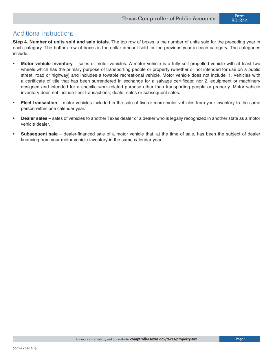 Form 50-244 Dealers Motor Vehicle Inventory Declaration - Texas, Page 3