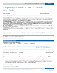 Document preview: Form 50-123 Exemption Application for Solar or Wind-Powered Energy Devices - Texas