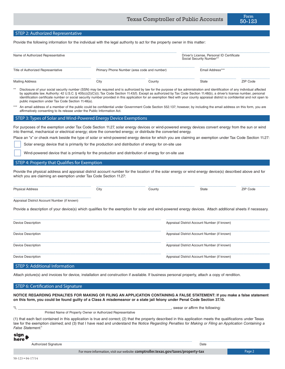Form 50-123 Exemption Application for Solar or Wind-Powered Energy Devices - Texas, Page 2