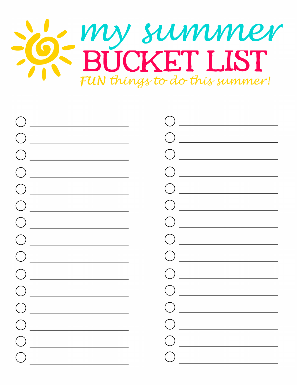 Fun summer activities and ideas - Blank Summer Bucket List template