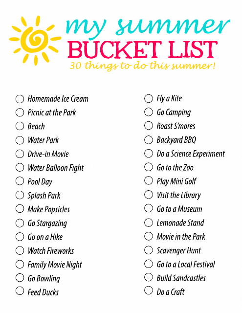 30 Things to Do Summer Bucket List Template