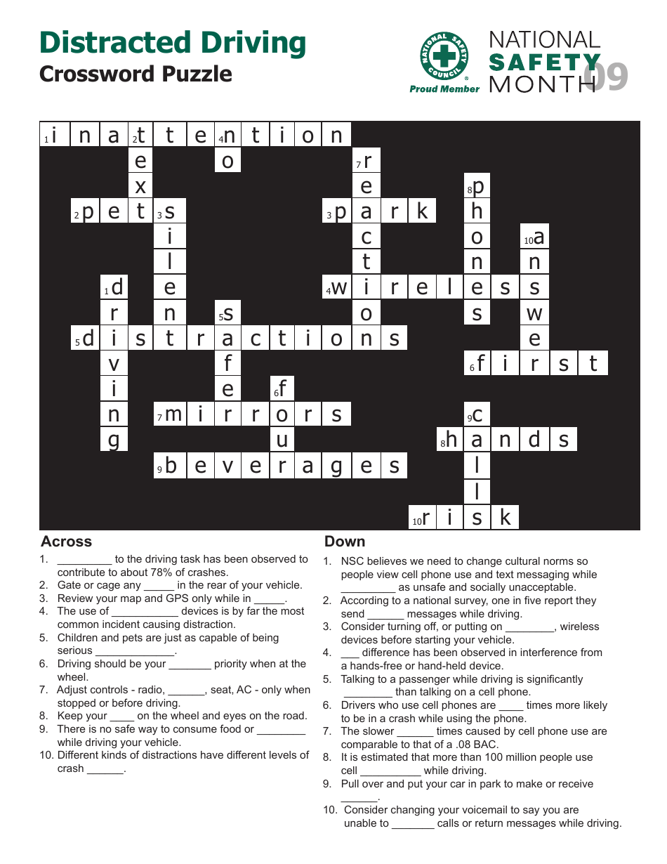 Distracted Driving Crossword Puzzle Template With Answers - National Safety Council