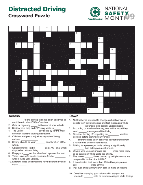&quot;Distracted Driving Crossword Puzzle Template - National Safety Council&quot; Download Pdf