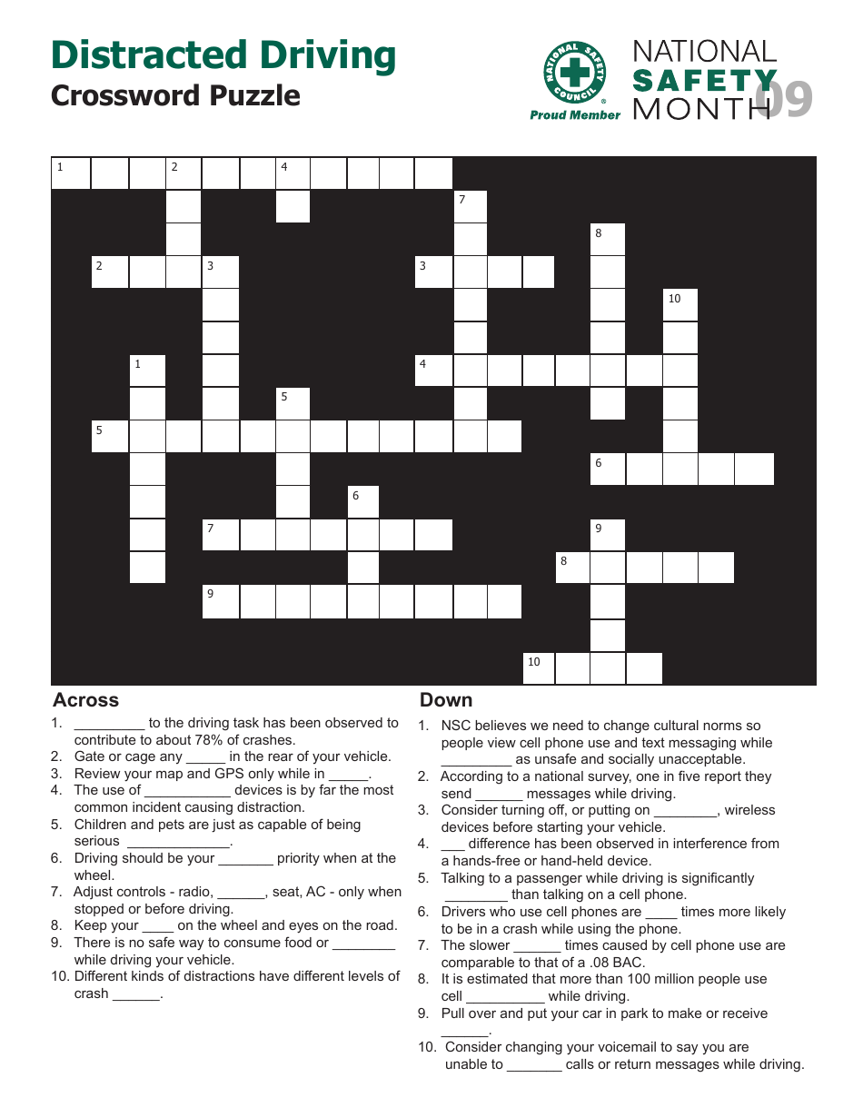 Distracted Driving Crossword Puzzle Template depicting a fun and interactive activity promoting road safety.