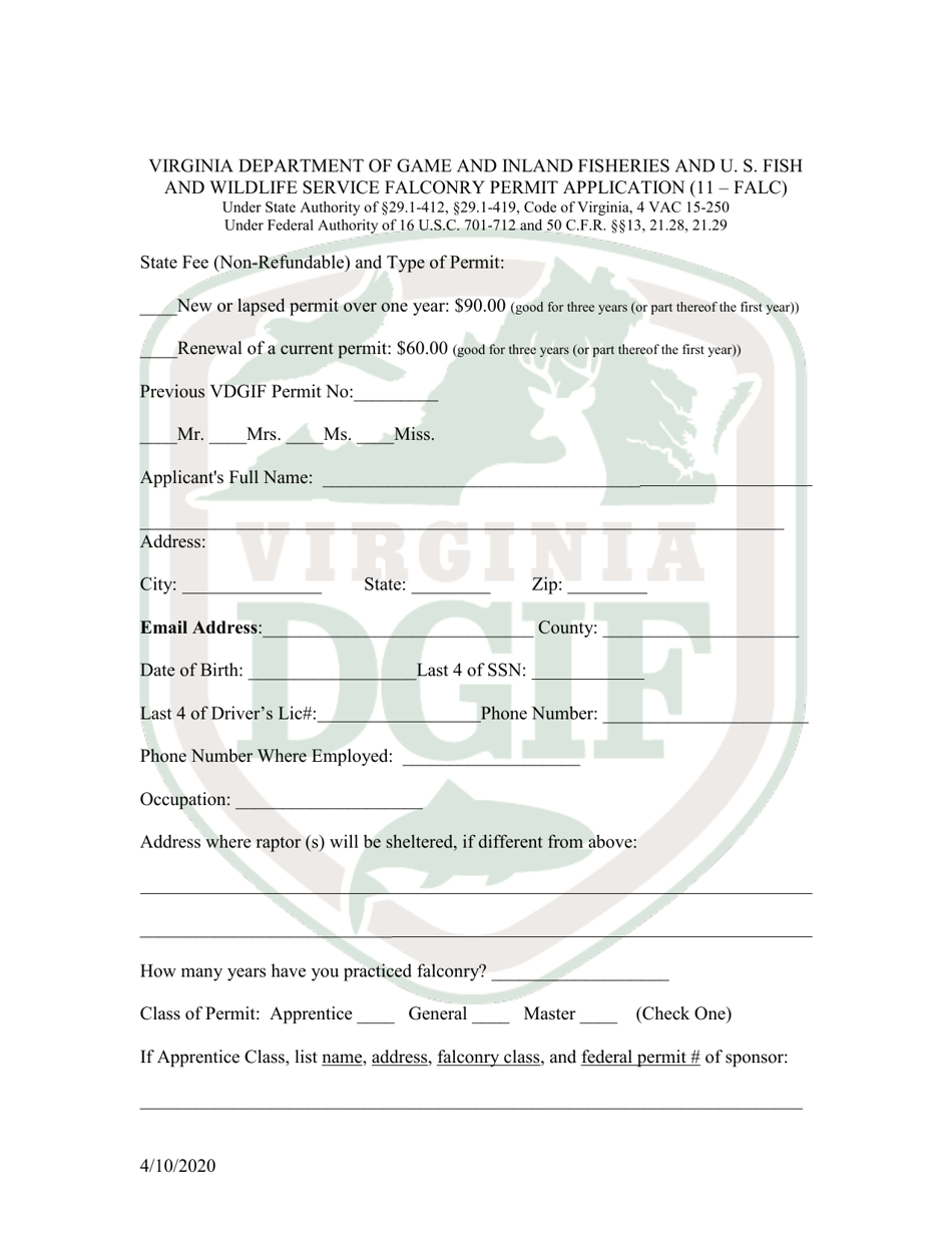 Service Falconry Permit Application - Virginia, Page 1