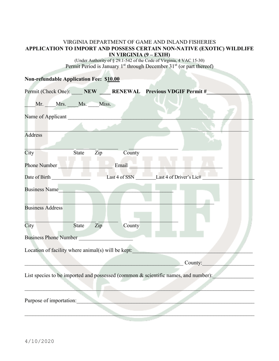 Application to Import and Possess Certain Non-native (Exotic) Wildlife in Virginia - Virginia, Page 1