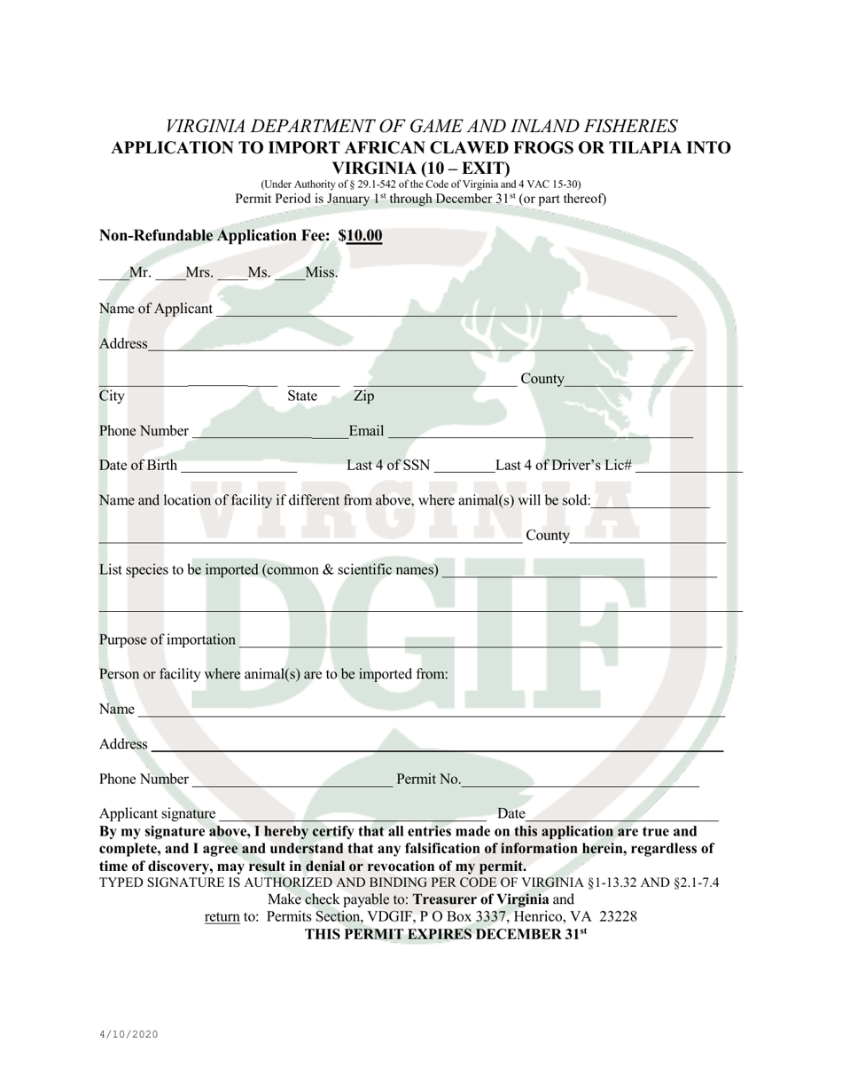 Application to Import African Clawed Frogs or Tilapia Into Virginia - Virginia, Page 1