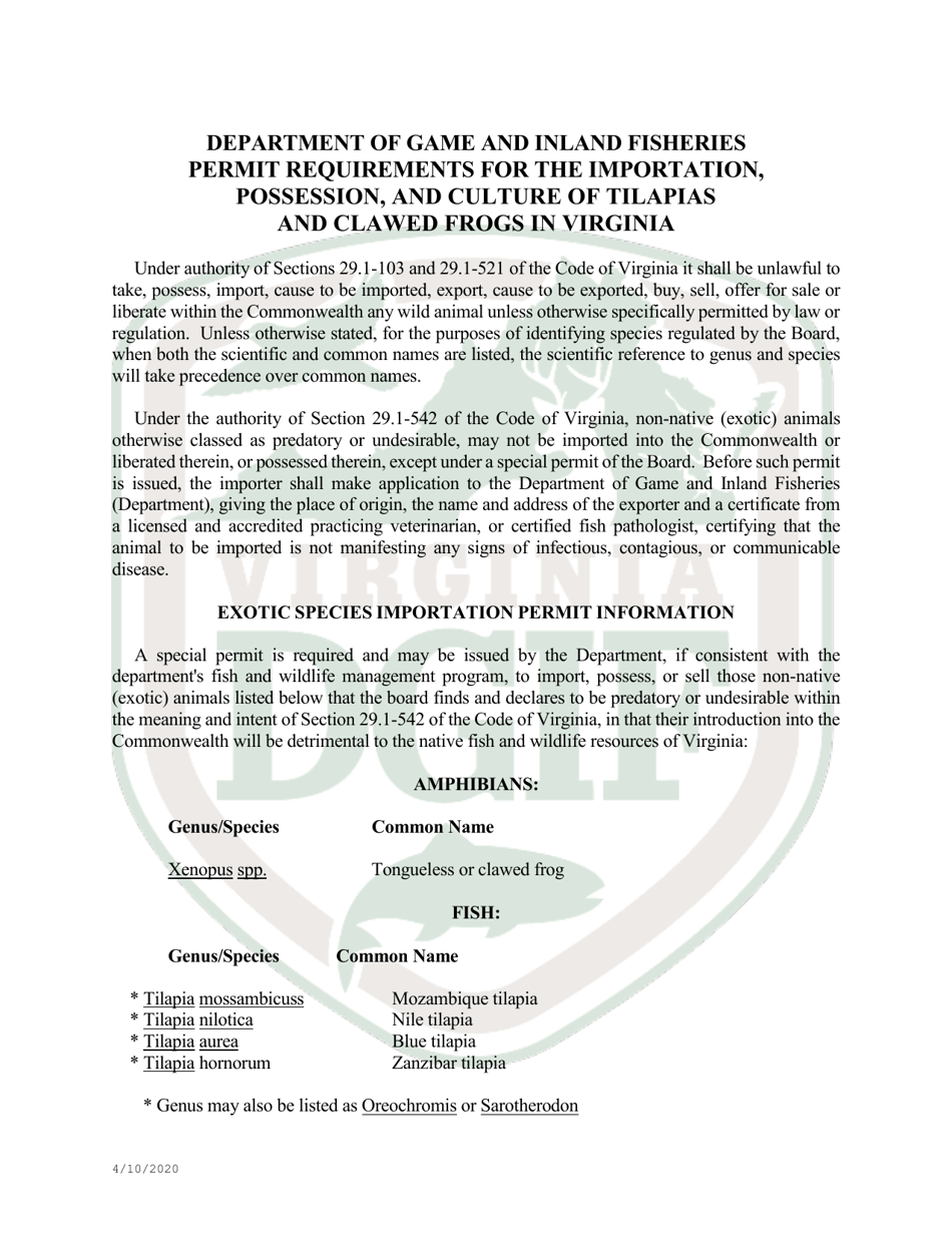 Application to Import African Clawed Frogs or Tilapia Into Virginia - Virginia, Page 2