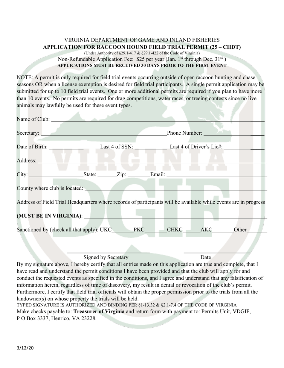 Application for Raccoon Hound Field Trial Permit - Virginia, Page 1