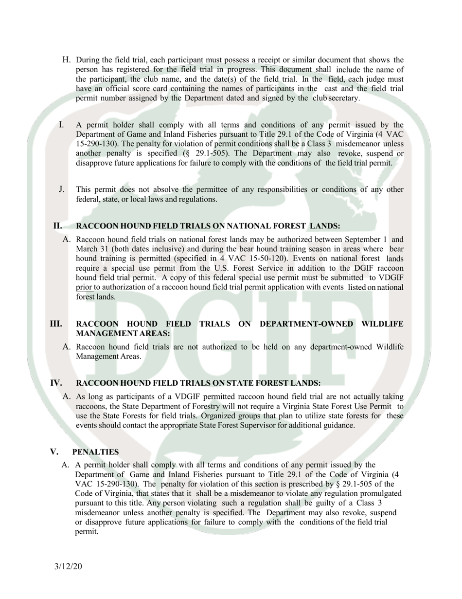 Application for Raccoon Hound Field Trial Permit - Virginia, Page 4