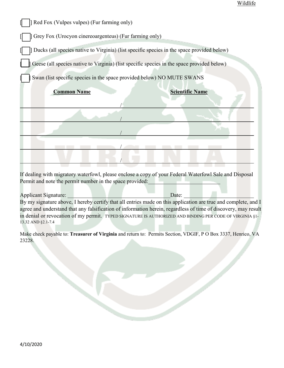 Application to Possess, Propagate, Buy and Sell Certain Wildlife in Virginia (23 - Prsl) - Wildlife - Virginia, Page 2