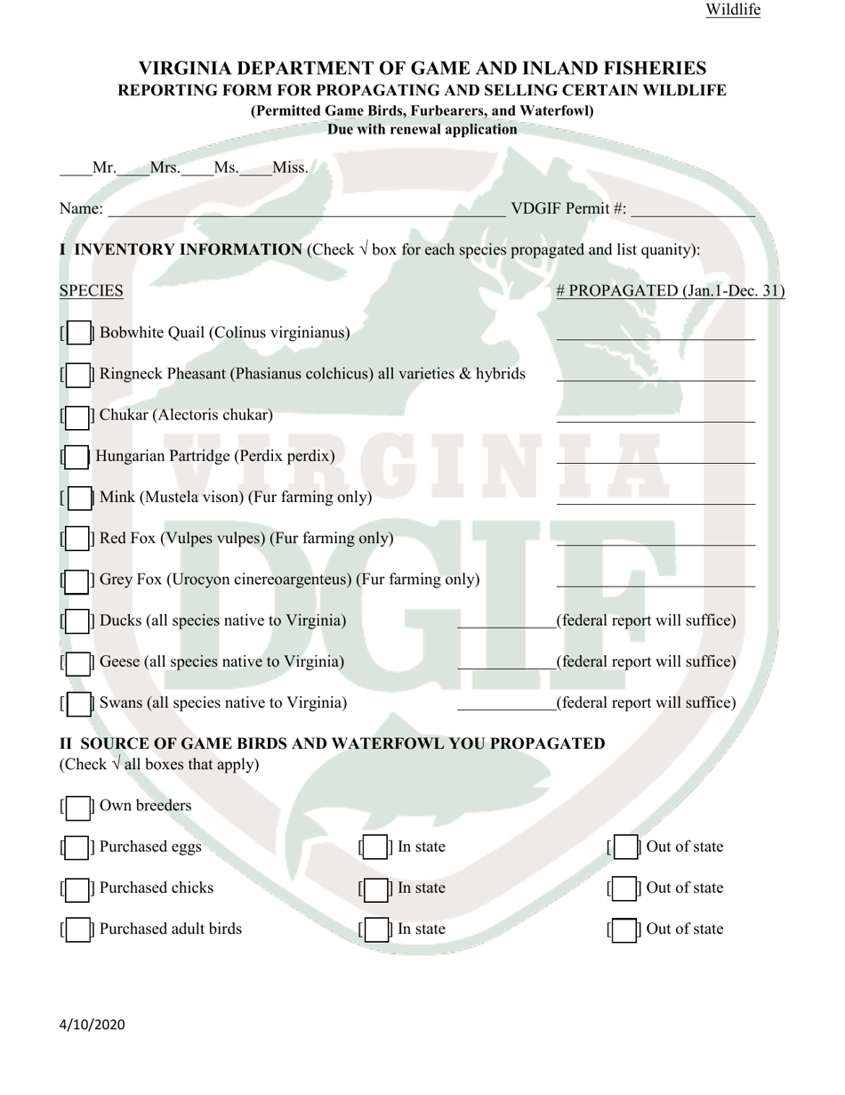 Application to Possess, Propagate, Buy and Sell Certain Wildlife in Virginia (23 - Prsl) - Wildlife - Virginia, Page 3