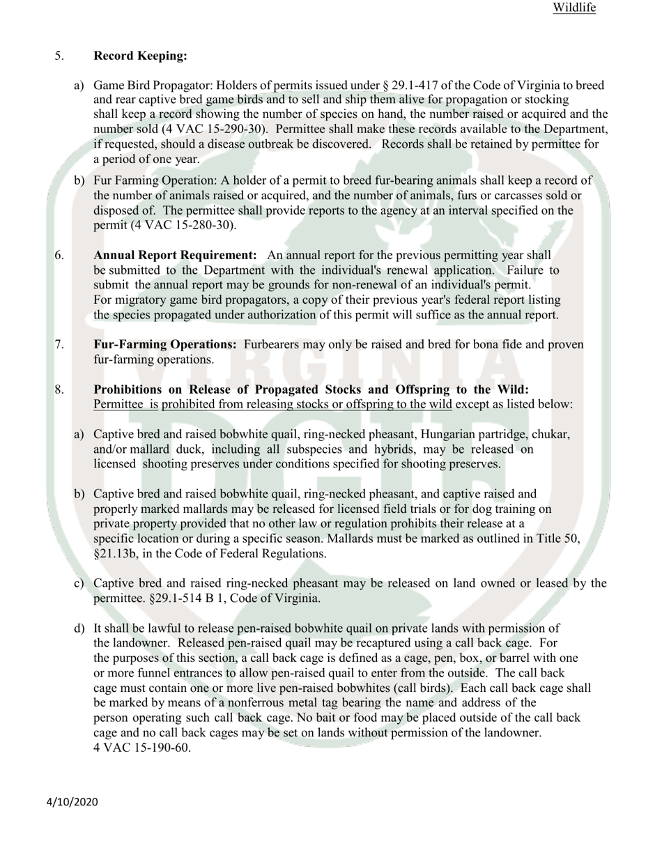 Application to Possess, Propagate, Buy and Sell Certain Wildlife in Virginia (23 - Prsl) - Wildlife - Virginia, Page 6