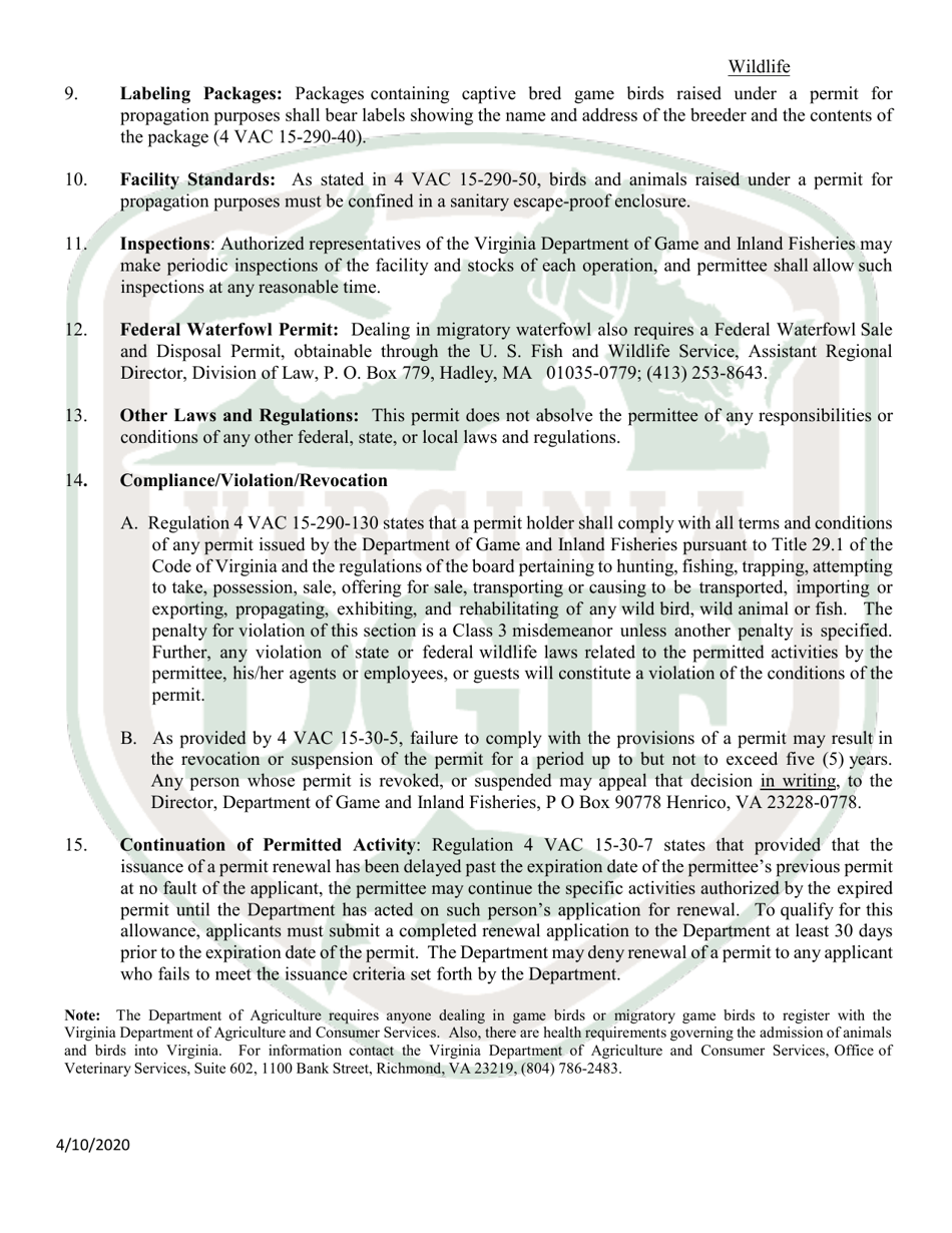 Application to Possess, Propagate, Buy and Sell Certain Wildlife in Virginia (23 - Prsl) - Wildlife - Virginia, Page 7