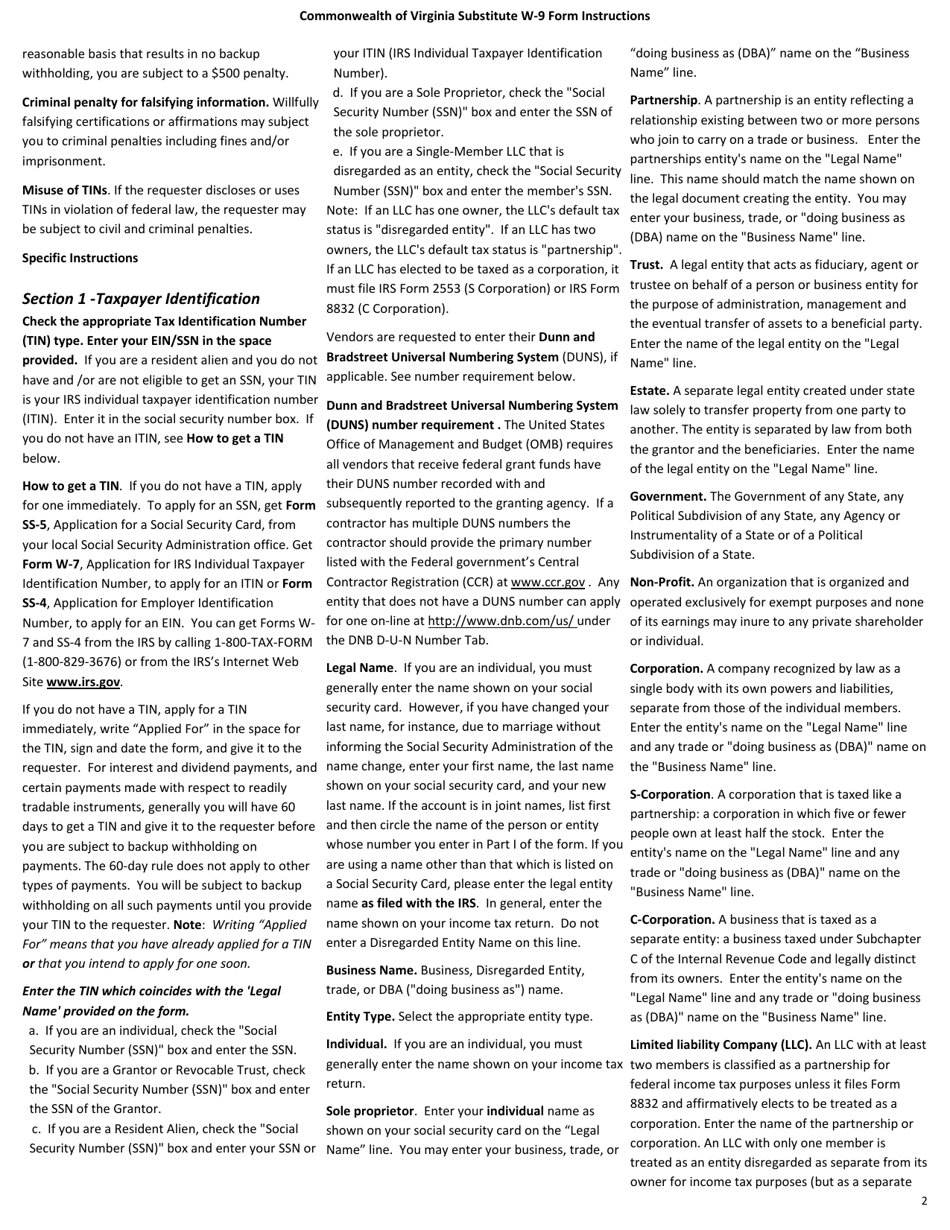Form W-9 Substitute W-9 Form - Request for Taxpayer Identification Number and Certification - Virginia, Page 3
